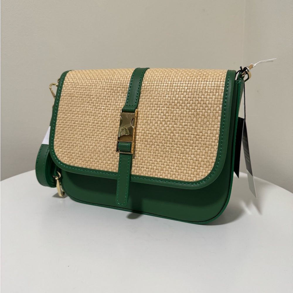 STELLA BIANCA  Italy Leather Crossbody Rafia With Seatbelt Buckle Flap